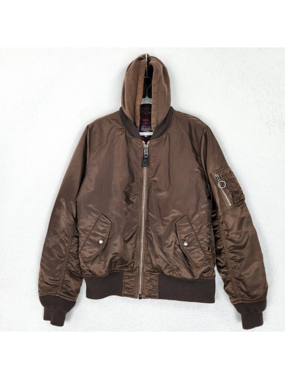 Alpha Industries Jacket Mens Medium Brown Hooded Satin Bomber Flight Streetwear